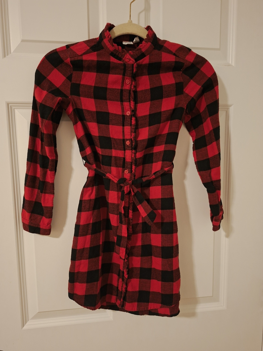 GAP Red and Black Buffalo Plaid Button-Front Dress with Tie, Size M